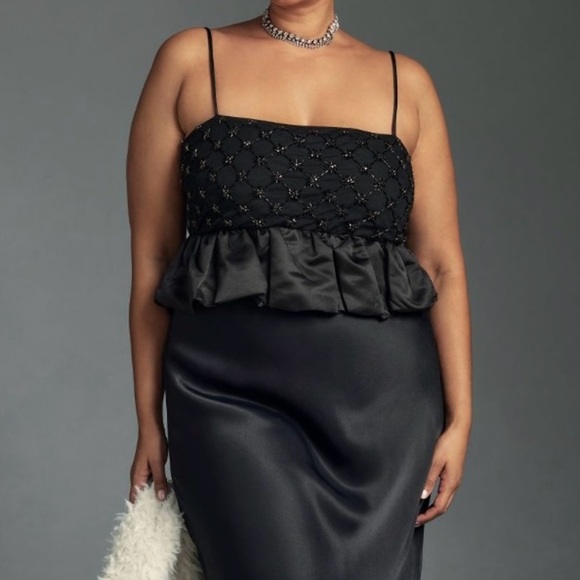 NWT By Anthropologie Beaded Satin Crop Tank  in Black Size Large - Picture 3 of 10